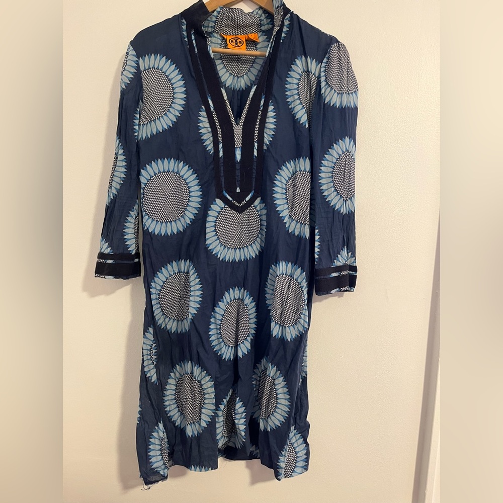 Tory Burch caftan swim cover up, blue sunflowers.